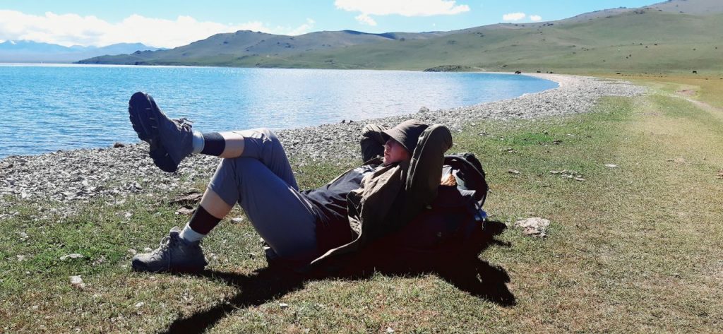 Yakutian tourist sunbathing
